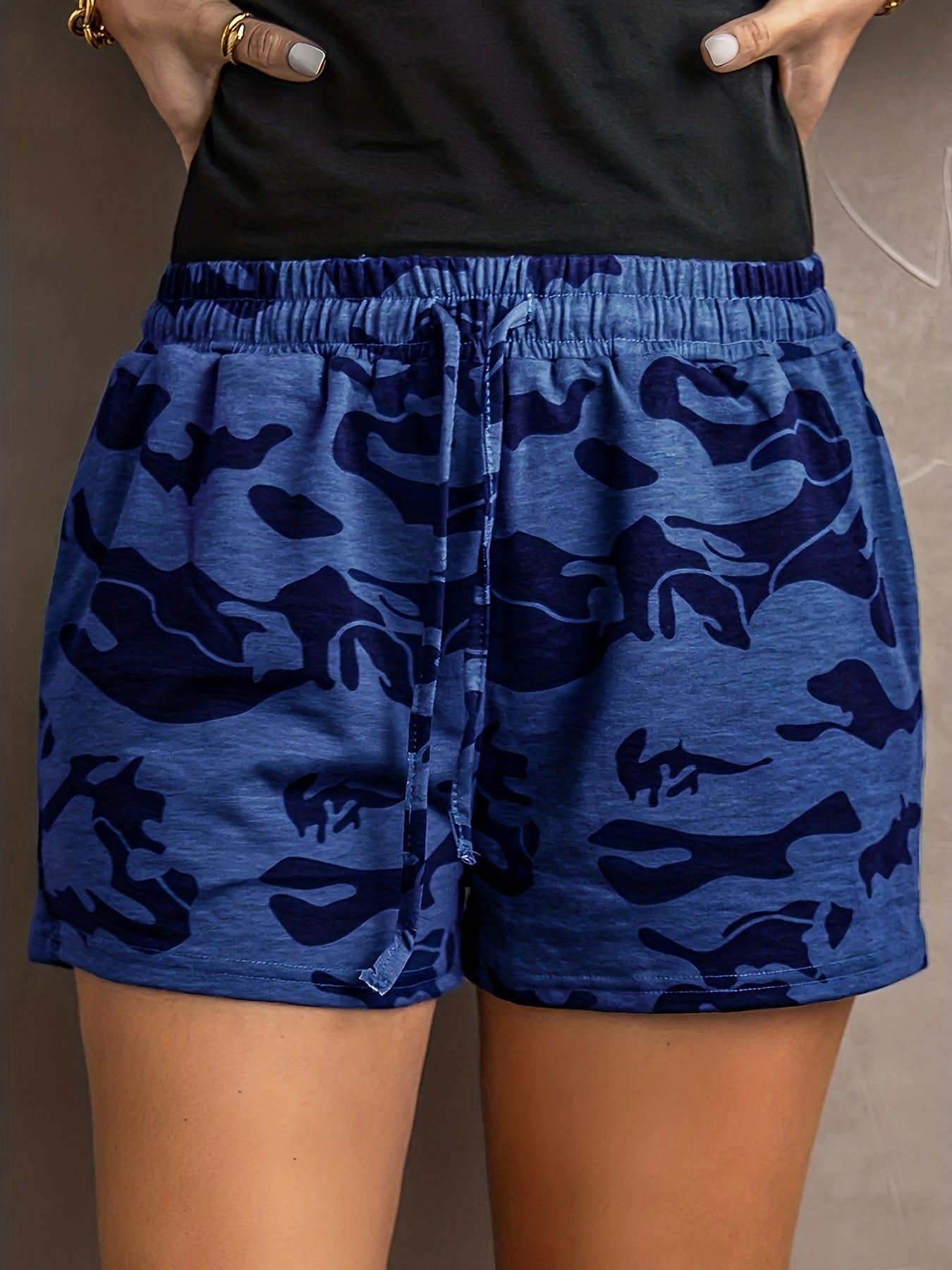 Plus Size Casual Shorts Women's Plus Random Print Elastic Drawstring High Rise