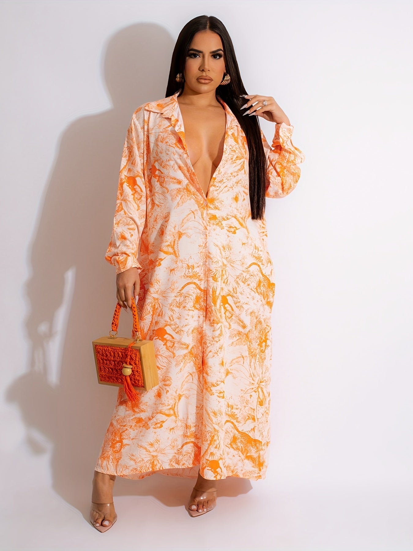  Leopard Print Deep V Neck Maxi Dress