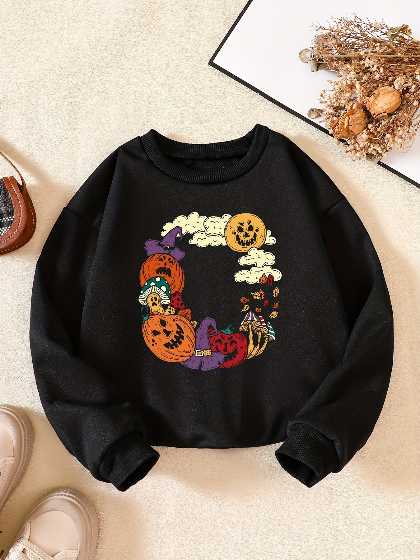 Girls' Halloween Element Print Crew Neck Sweatshirt Long Sleeve Pullovers
