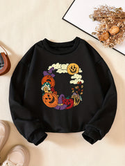 Girls' Halloween Element Print Crew Neck Sweatshirt Long Sleeve Pullovers