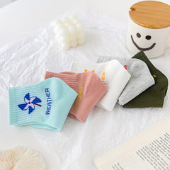 5 Pairs Cartoon Weather Print Socks Women's Mid Tube Stockings