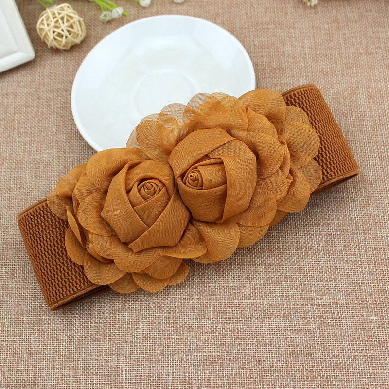 Elastic Wide Belt Lace Flower Buckle Solid Waistband
