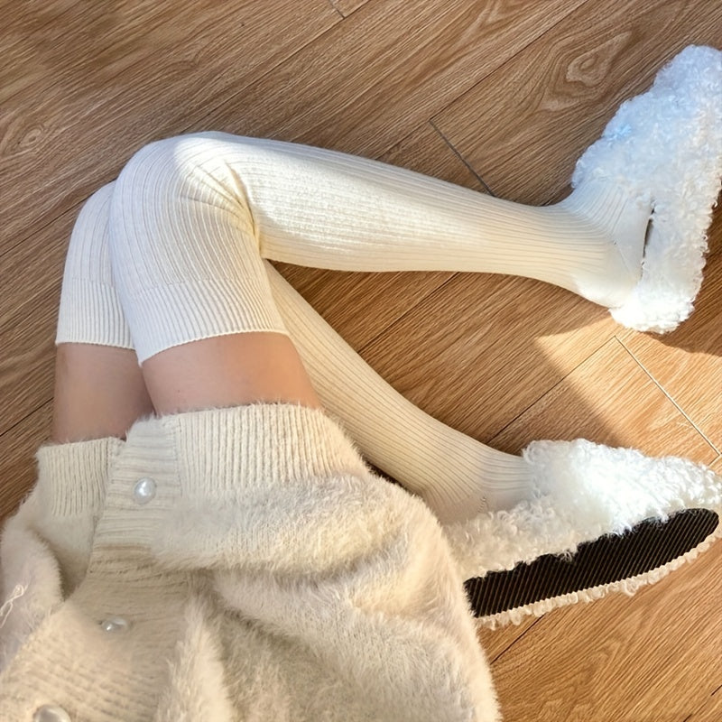 2 Pairs Solid Thigh High Socks Warm Over The Knee Socks Stockings