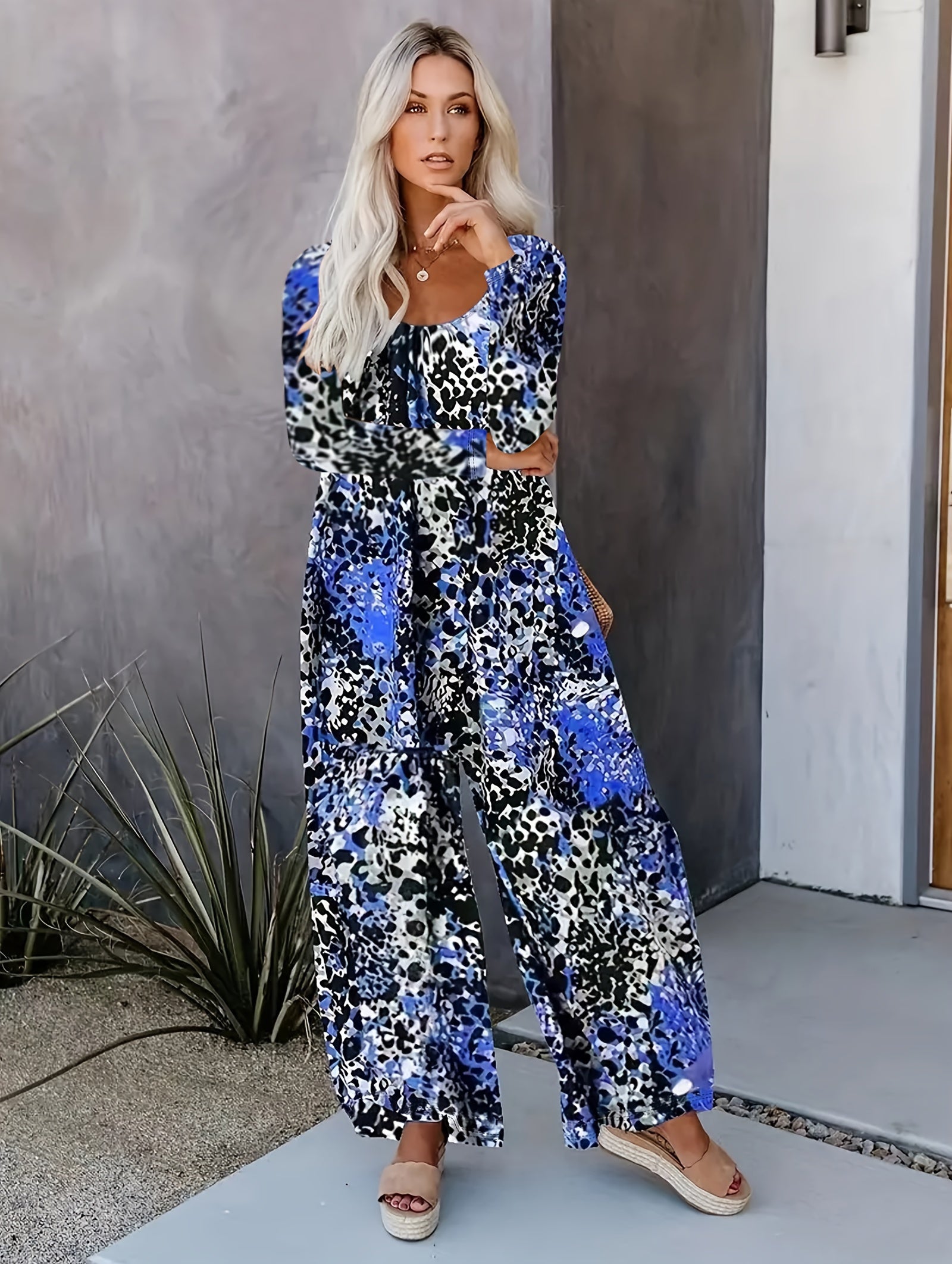  Leopard Print Long Sleeve Wide Leg Jumpsuit With Pockets