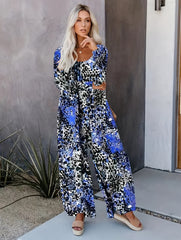  Leopard Print Long Sleeve Wide Leg Jumpsuit With Pockets