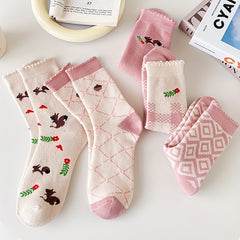 5 Pairs Cartoon Print Socks Cute & Comfy Mid Tube Stockings Women's Hosiery