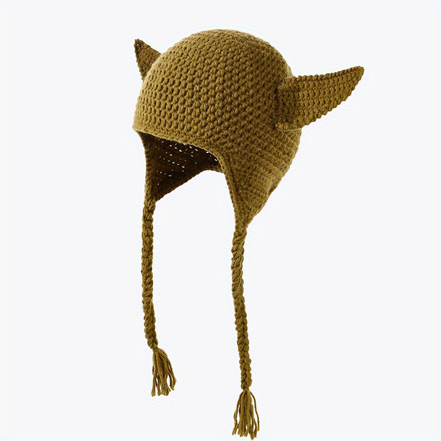 Devil Ears Knitted Beanie with Braid - Unisex