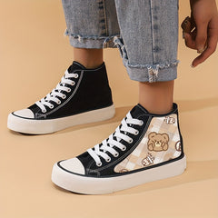Bear Print High Top Canvas Sneakers Breathable Round Toe Lace Up Skate Shoes
