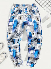 Newspaper Print Drawstring Sweatpants for Men