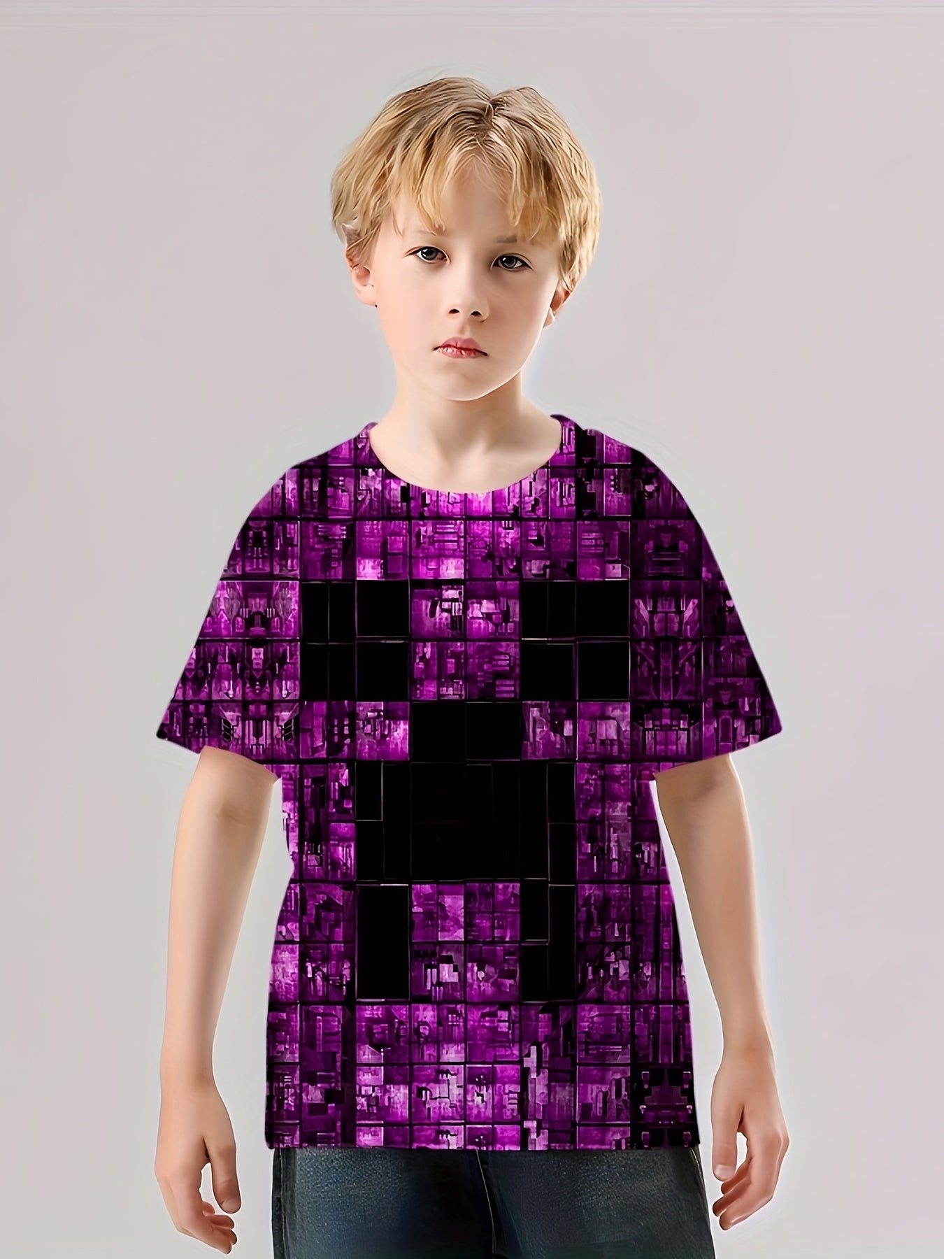 Purple Cubes Print Kid's T shirt Casual Short Sleeve Top Unisex Tee