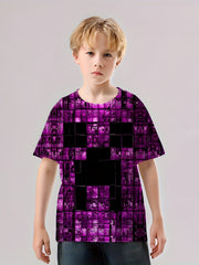 Purple Cubes Print Kid's T shirt Casual Short Sleeve Top Unisex Tee