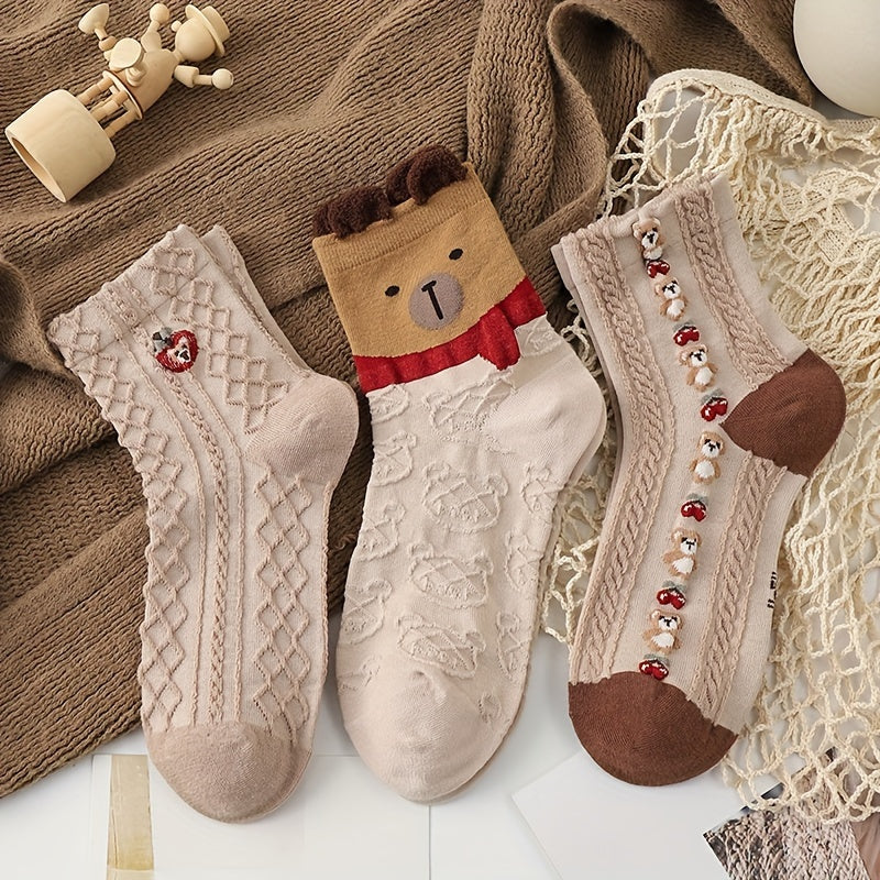 5 Pairs Bear Print Mid Tube Socks Women's Stockings