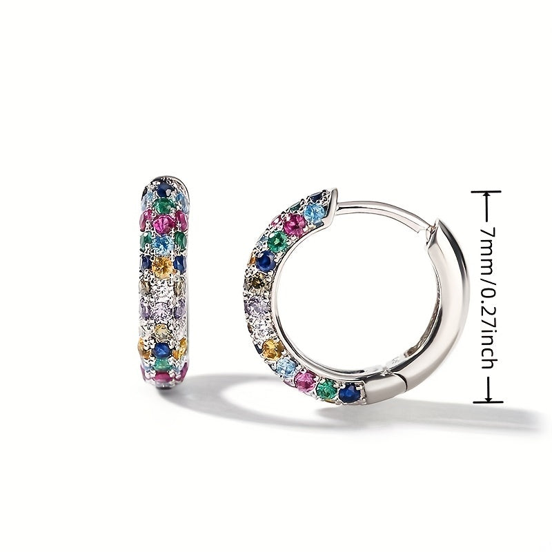 Men's Silver Plate Round Earrings Set with Colorful Zircon, Small Hoop