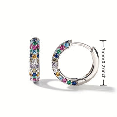 Men's Silver Plate Round Earrings Set with Colorful Zircon, Small Hoop