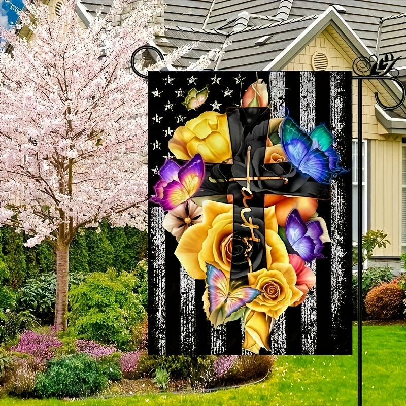 Garden Flag Flower Vase Yellow Rose Cross 30 48X45 72 Cm No Pole