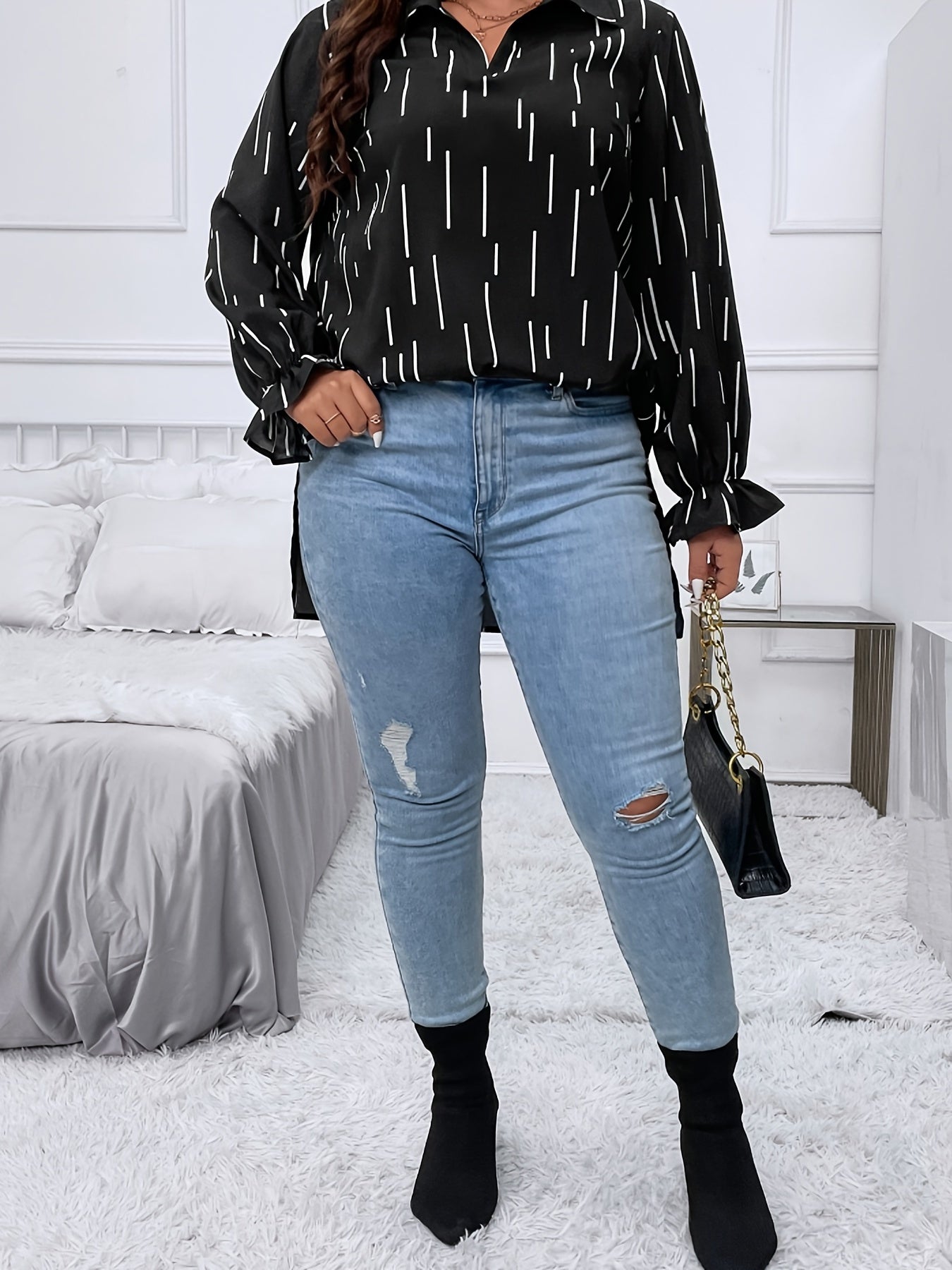  Stripe Print Lantern Sleeve Casual Blouse