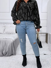  Stripe Print Lantern Sleeve Casual Blouse