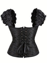 Ruffle Corset Bustier Front Buckle Lace Up Puff Sleeve Body Shaper