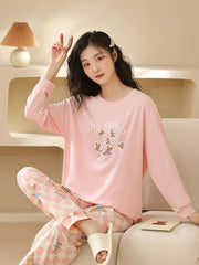 Bunny Print Pajama Set Long Sleeve Crew Neck Top & Plaid Pants
