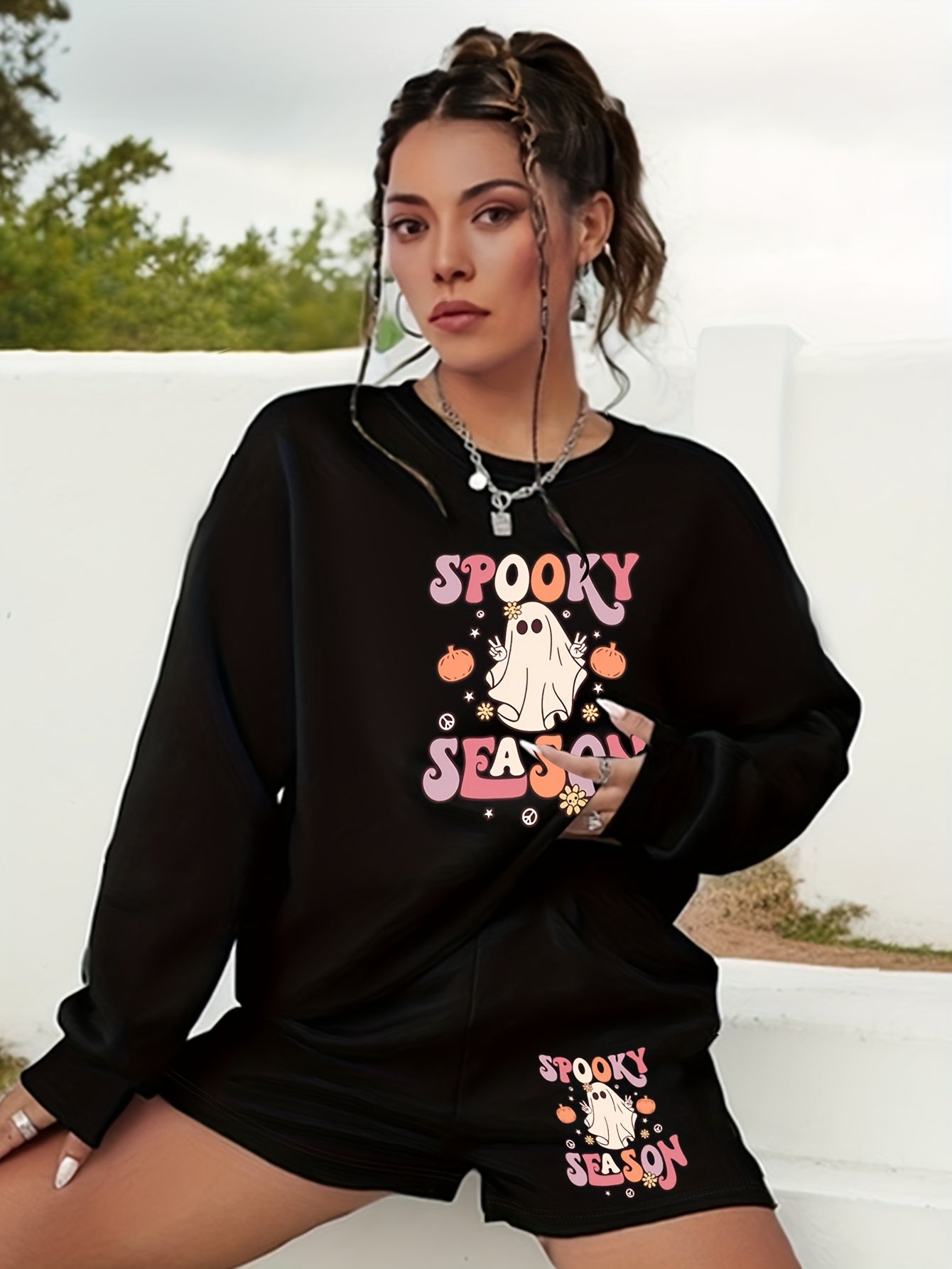  Halloween Graphic Print Sweatshirt & Shorts 2pcs Set