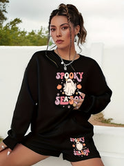  Halloween Graphic Print Sweatshirt & Shorts 2pcs Set