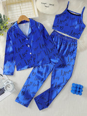 Girl's 3pcs Heart Print Pajama Set Long Sleeve Top Camisole Pants
