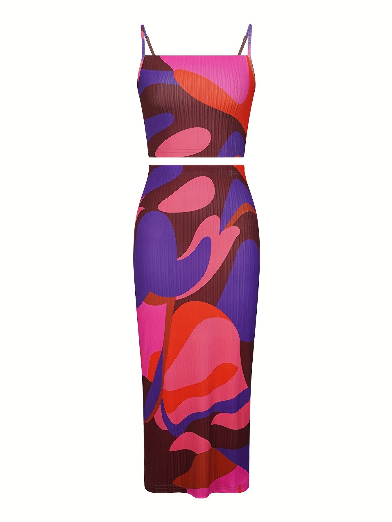 Abstract Print Two piece Set Sleeveless Cropped Cami Top & High Waist Maxi Skirt