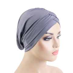Double Cross Ruched Turban Hat Inner Cap Solid Head Wrap Stretchy