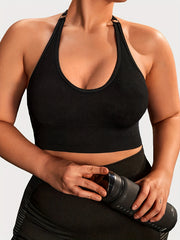  Ribbed Ring Decor Halter Neck Sports Bra