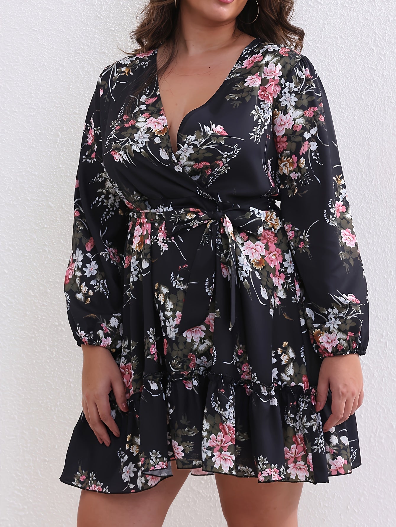 Floral Print Lantern Sleeve Plus Size Mini Dress With Belt