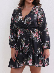 Floral Print Lantern Sleeve Plus Size Mini Dress With Belt