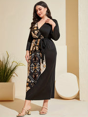  Boho Dress Women's Plus Colorblock Floral Print Long Sleeve
