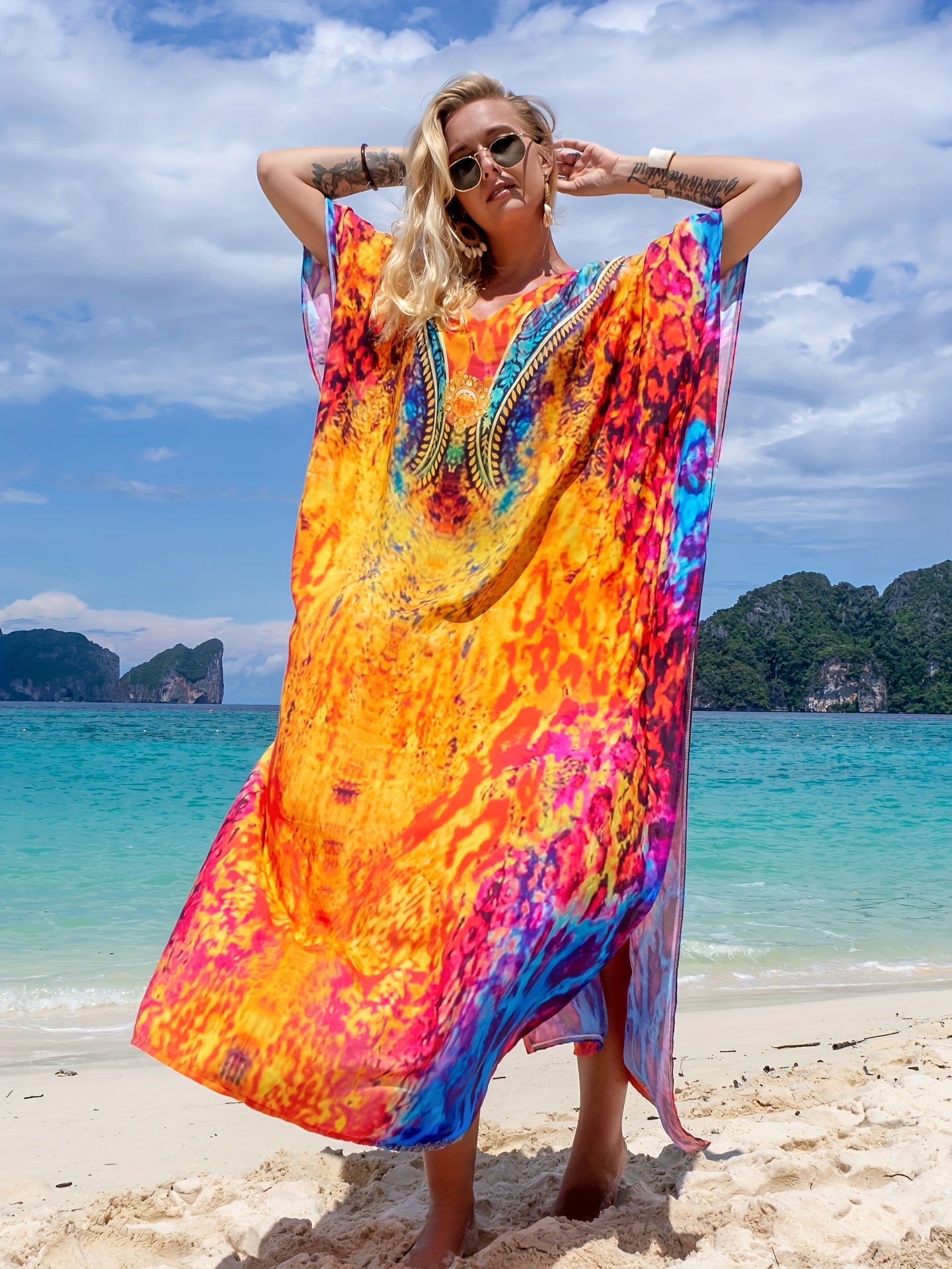  Boho Cover Up Women's Plus Tribal & Leopard Print Batwing Sleeve V Nec