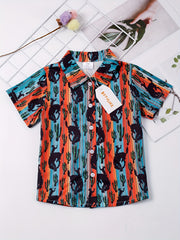 Boys Bull Cactus Striped Short Sleeve Button Down Shirt Casual Summer Clothes