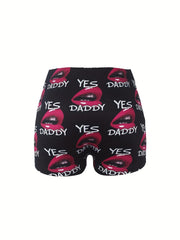  Sexy Shorts Women's 3D Red Lip Print High Rise Skinny Shorts