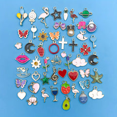 50pcs Enamel Mix Flowers Heart Charms Pendants DIY Jewelry Making