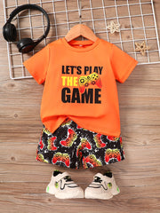 Boys Gamepad Print Casual Outfit T-shirt & Shorts Set