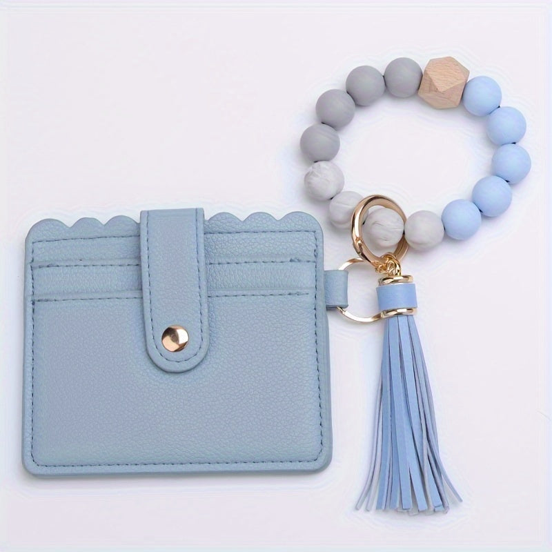 Leopard Print Tassel Wallet Keychain Silicone Beaded Bracelet