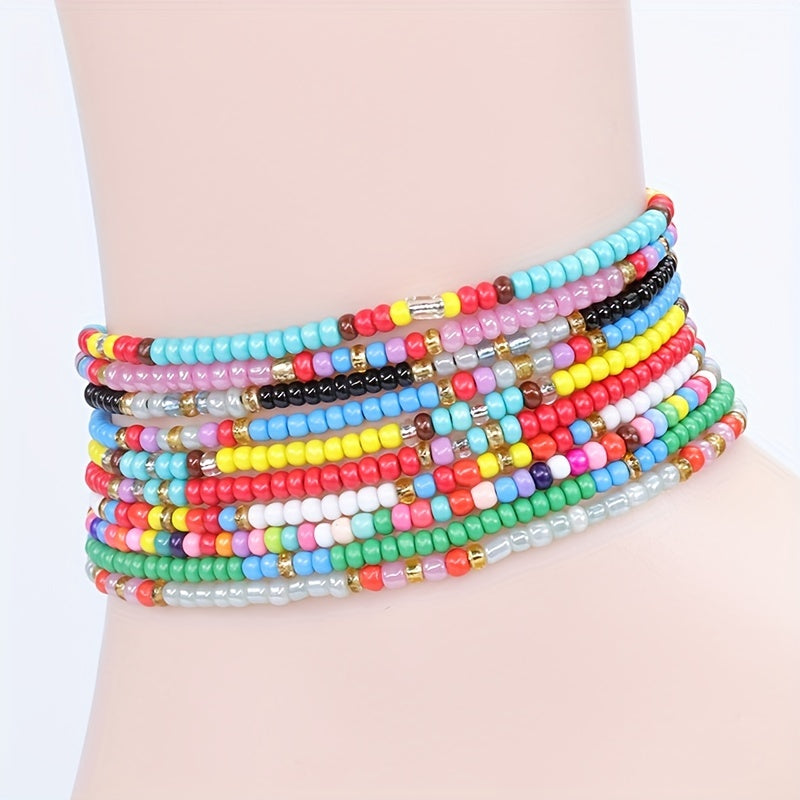 10pcs Colorful Rice Beads Anklet Set Boho Style Bracelet for Women