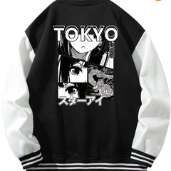 Anime Portrait Embroidery Varsity Jacket Men's Casual Block Button Up