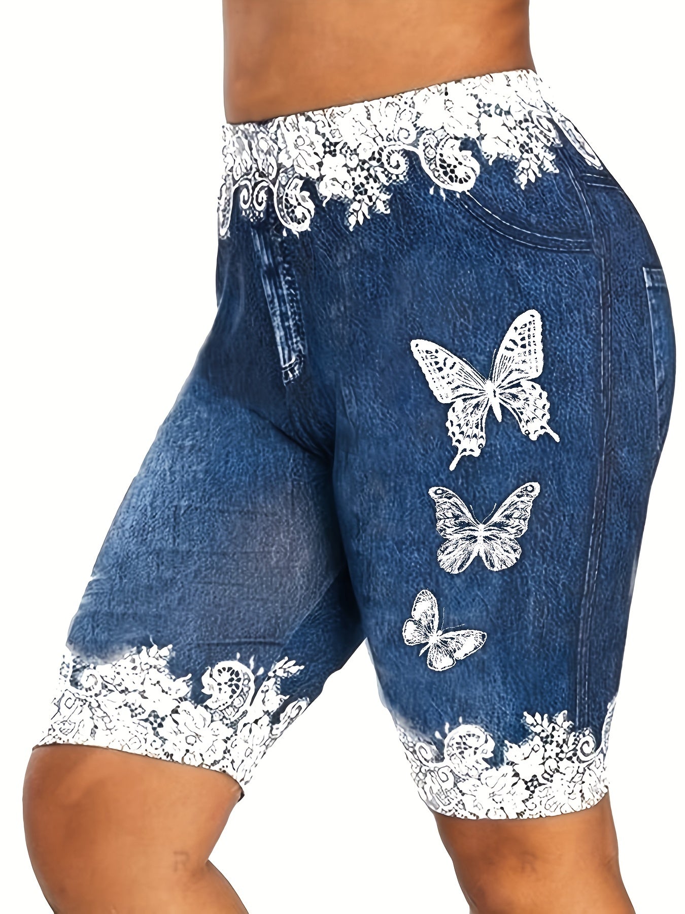 Denim & Butterfly Print Stretchy Skinny Shorts