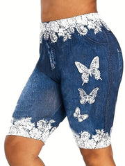  Denim & Butterfly Print Stretchy Skinny Shorts