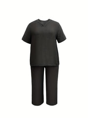  Solid Short Sleeve Top & Wide Leg Pants Set