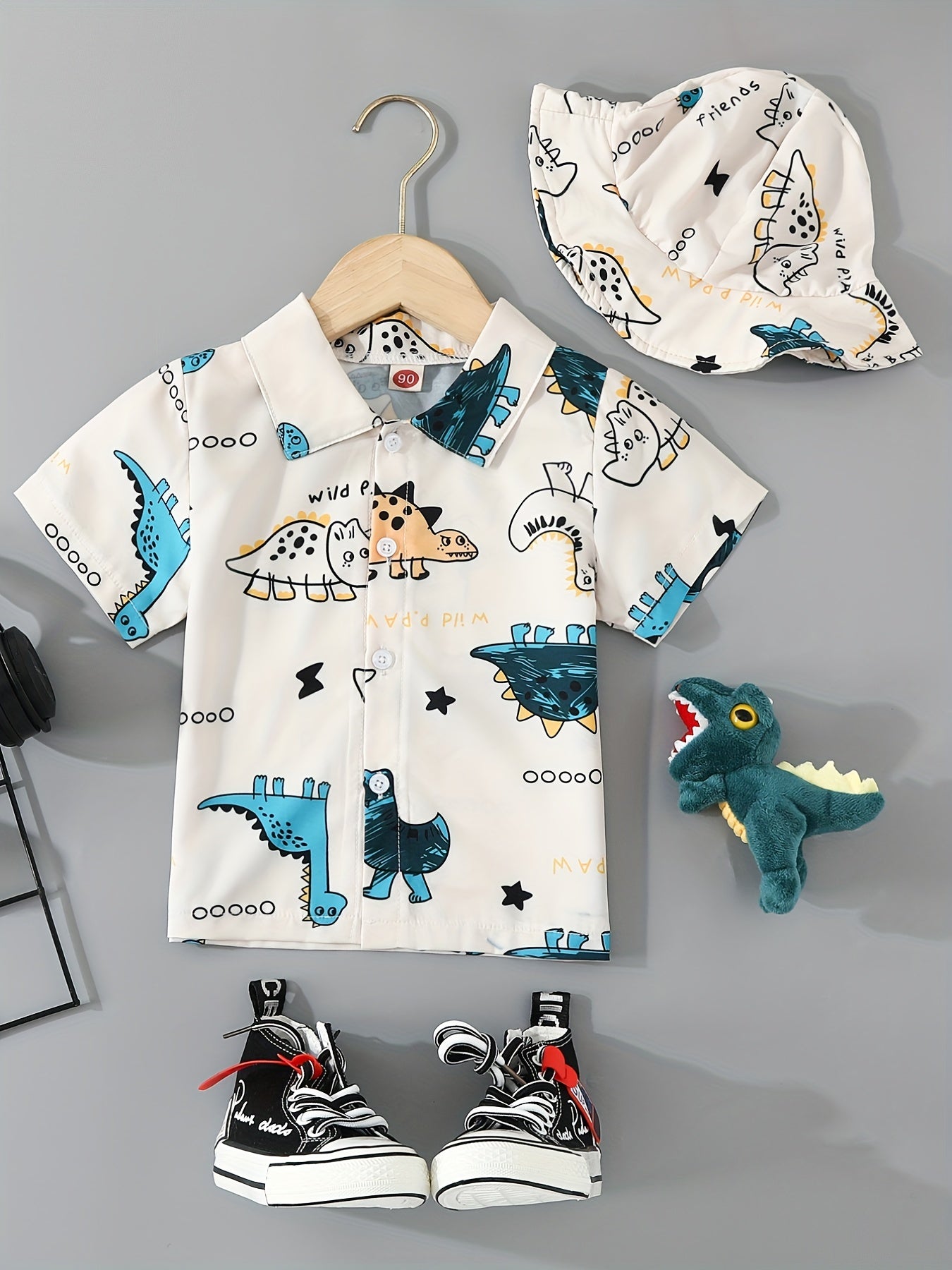 2pcs Boys Teen Dinosaur Short Sleeve Shirt & Hat Set Clothes For Summer