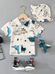 2pcs Boys Teen Dinosaur Short Sleeve Shirt & Hat Set Clothes For Summer
