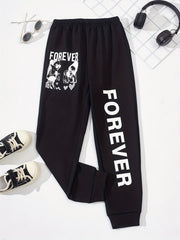 Kid Girls' Street Portrait & Letter Print Jogger Sweatpants