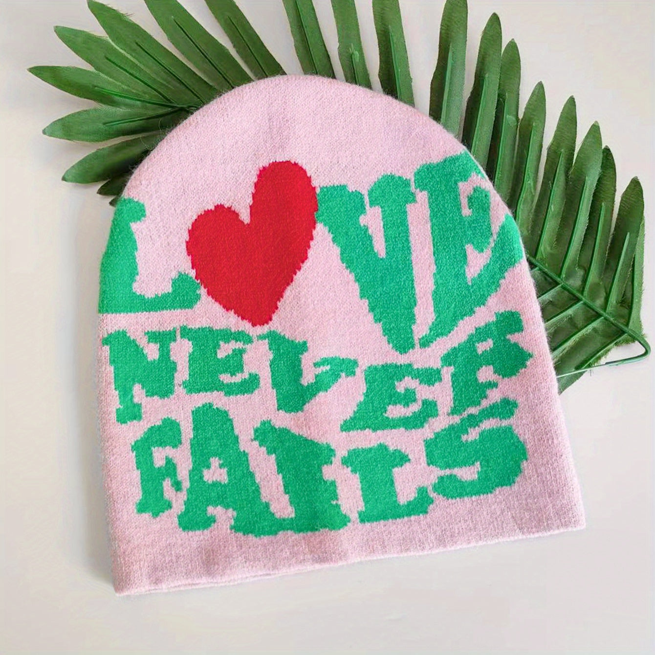 Pink Letter Jacquard Warm Beanie Love Never Fails Elastic Knit Hat