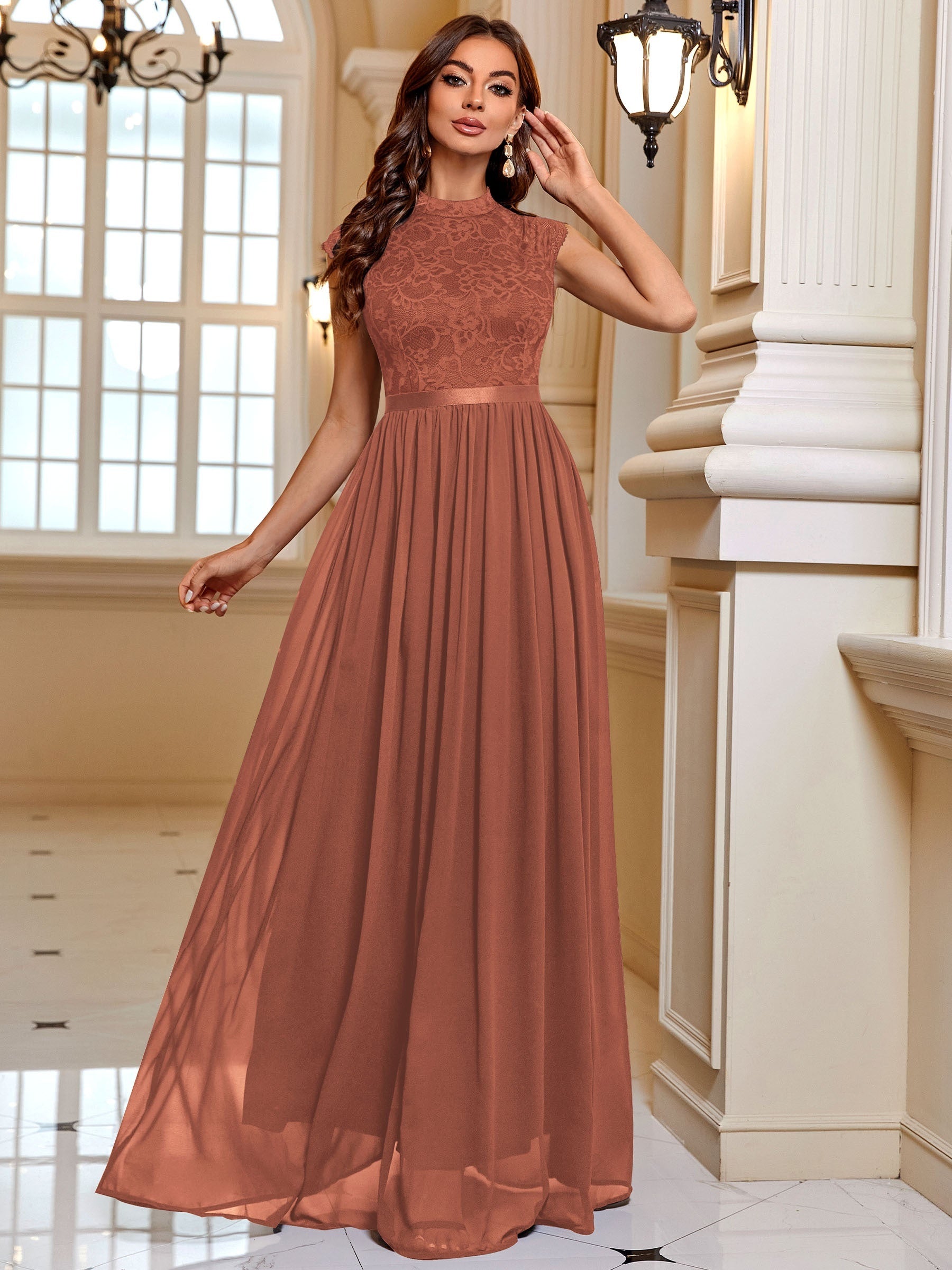 Cap Sleeve Lace Contrast Maxi Dress