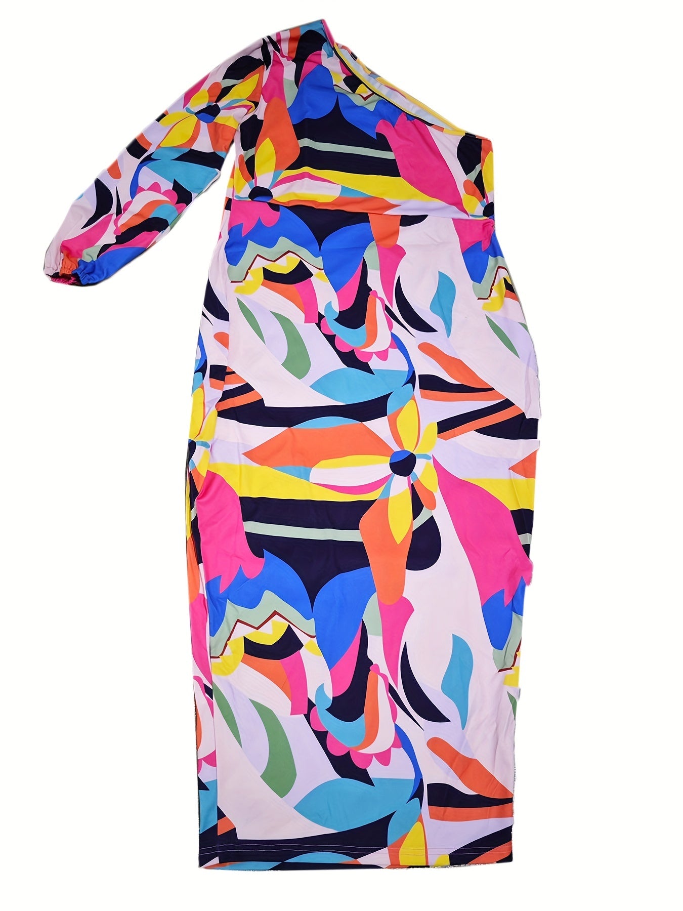  Abstract Print One Shoulder Maxi Dress