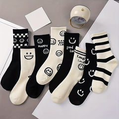 Smiling Face Print Socks in 8 Pairs Mid Tube Women's Stockings